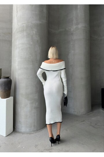 KAYIK YAKA TRİKO ŞERİTLİ ELBİSE