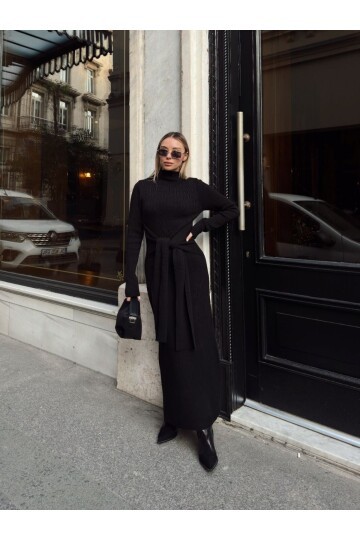 TRİKO BELDEN KUŞAK DETAYLI ELBİSE