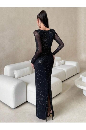 TAŞLI DİZAYN MAXİ ELBİSE