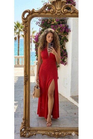 V YAKA BOYUN BAĞLI ELBİSE